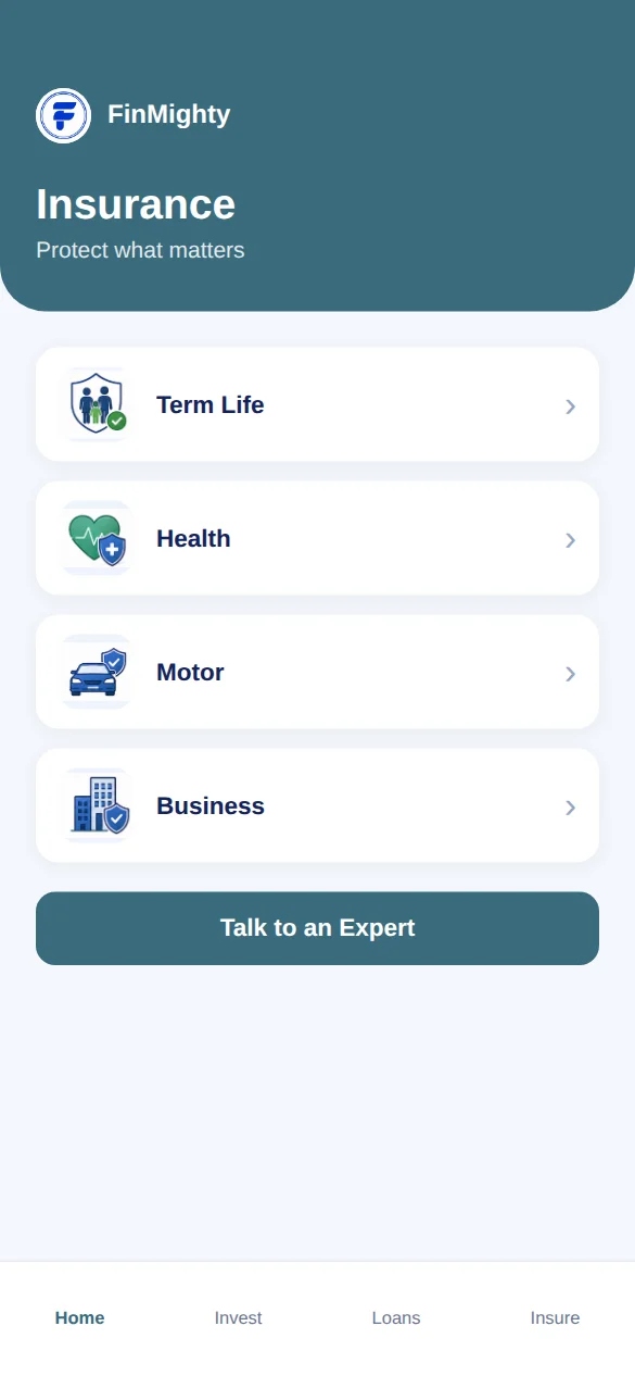 FinMighty app insurance screen